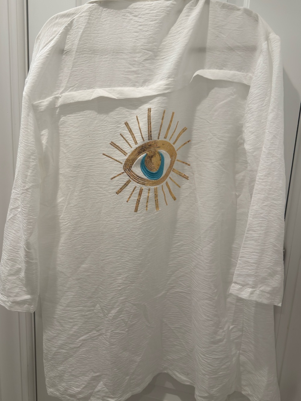 Evil Eye White Sequin Beach Cover-Up Shirt - Picture 2 of 2
